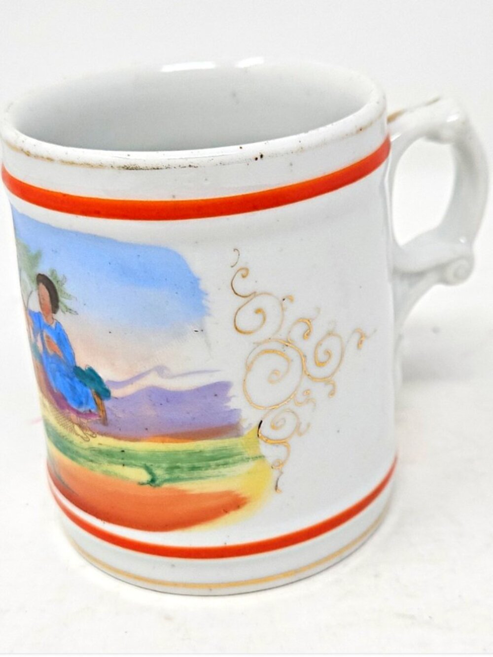 Antique 19th Century Victorian Children's Mug Child with Dog Ironstone 3.25"